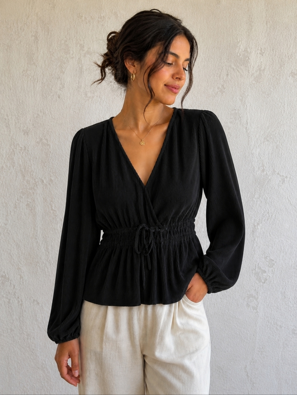 Abercrombie & Fitch Pleated Peplum Blouse V Neck Tie Front Romantic BOHO  S